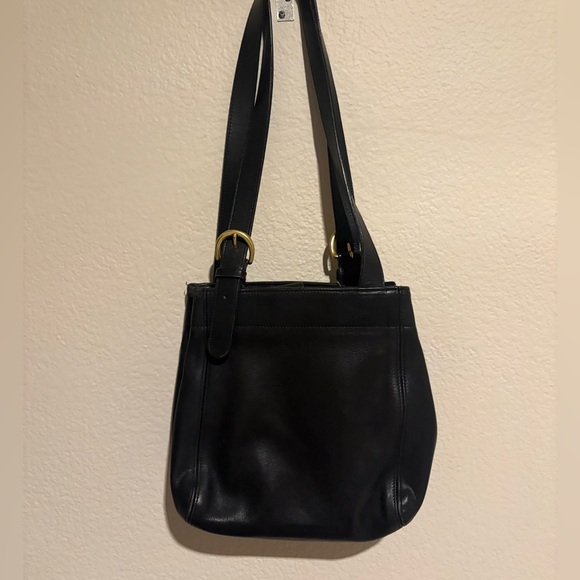 Coach Handbags - Vintage Coach Black Leather Shoulder Bag with Gold Buckles